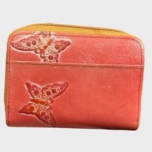 Pink Butterfly Embossed Accordion Zip Around Wallet Faux Leather Compact
